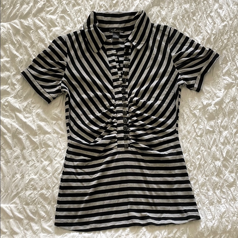 Chico's Black and White Striped Button-Down Polo Top